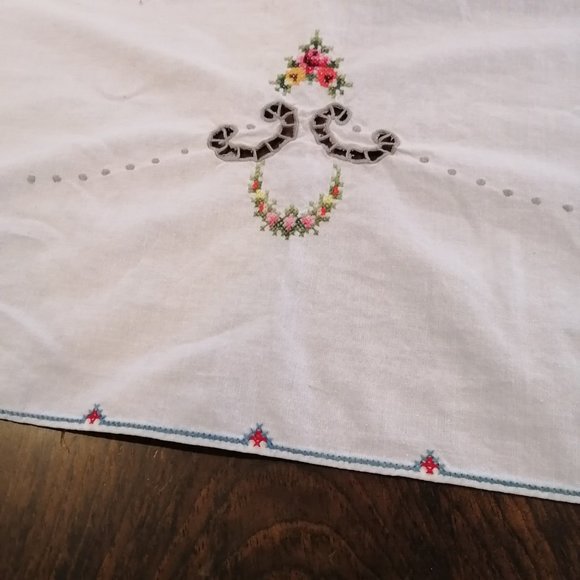 VTG Embroidered Floral Cross Stitch Crochet Tablecloth Hand Stitched Cut Work - Picture 8 of 16